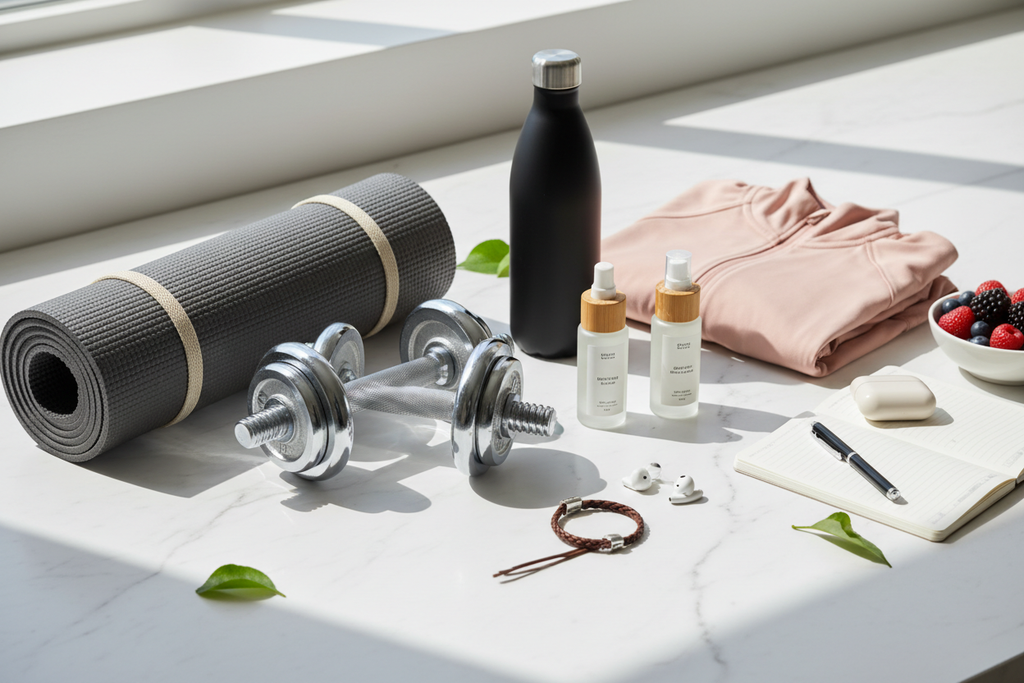 Health and wellness lifestyle flatlay with fitness equipment, skincare products, and fashion accessories