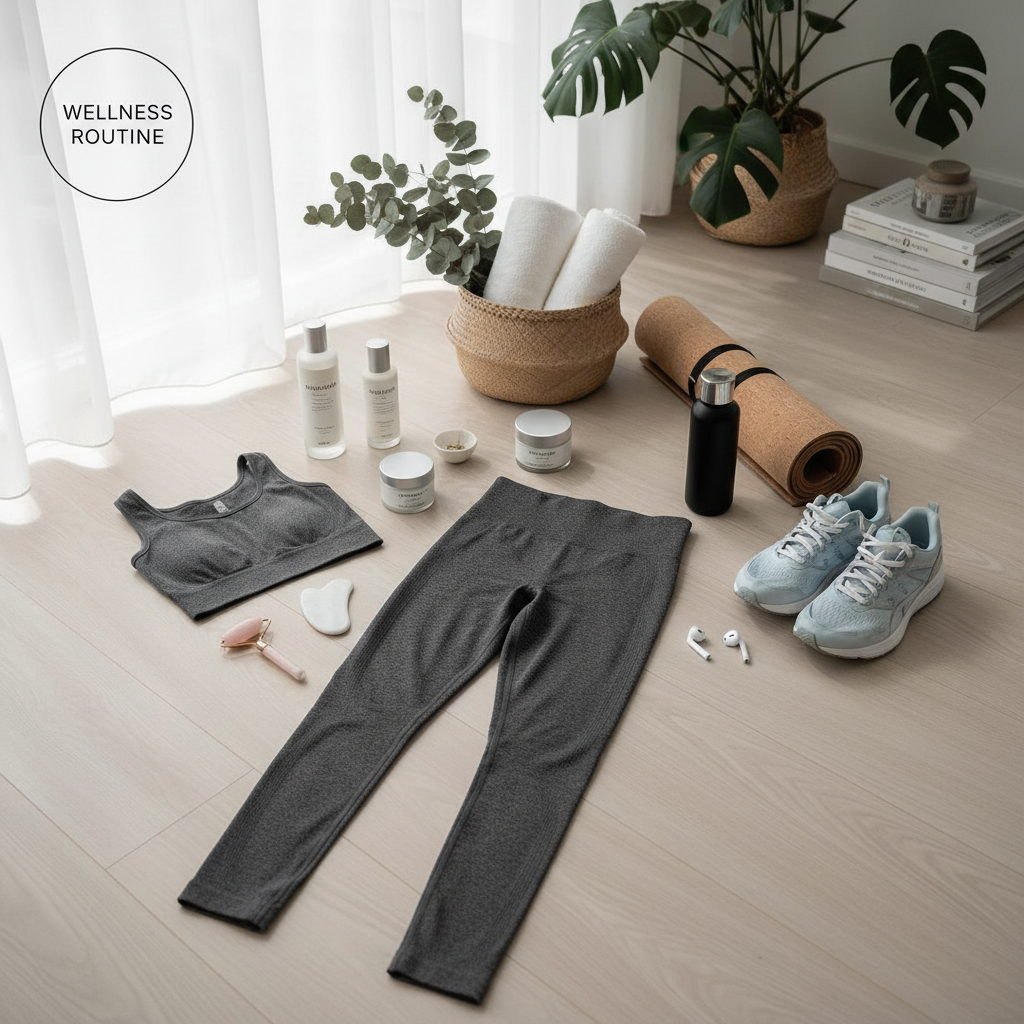 Modern wellness lifestyle scene with athletic wear and skincare essentials