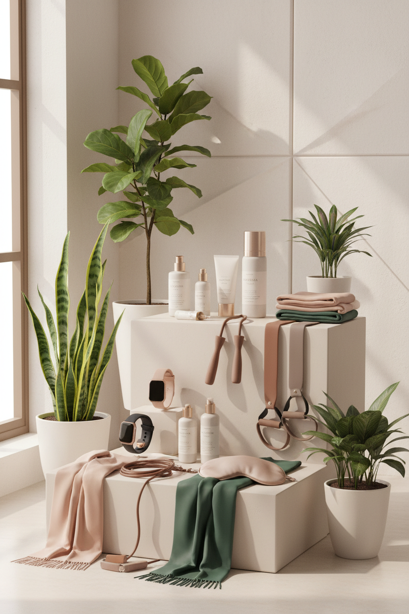 Elegant health and wellness product display with natural lighting